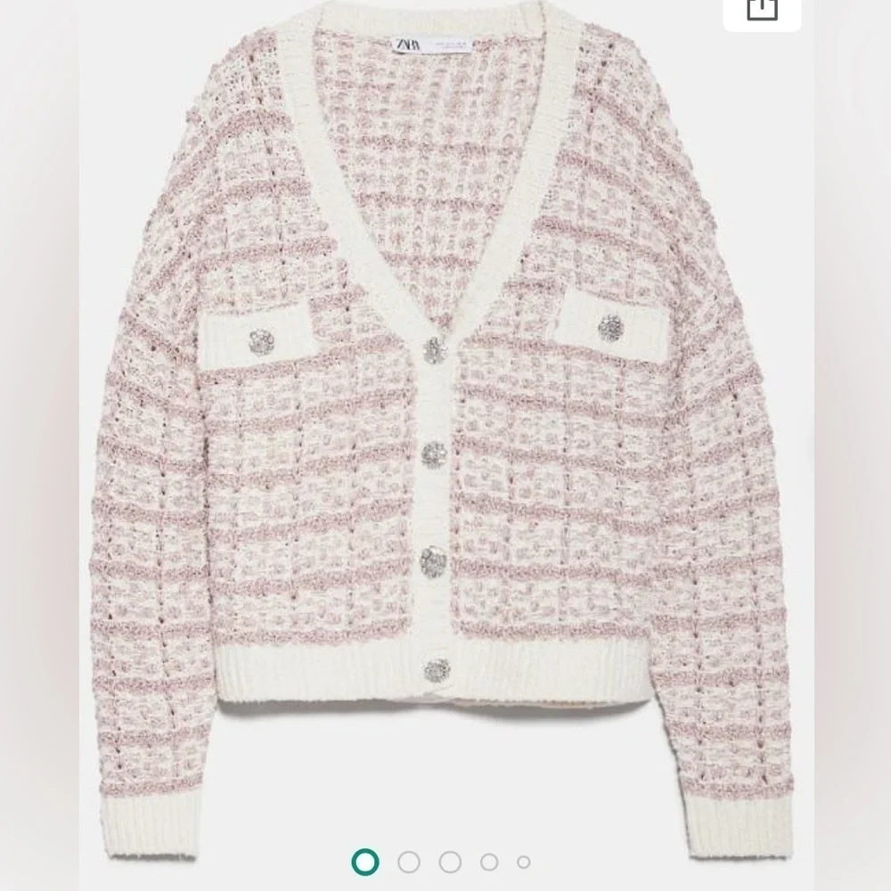 ZARA tweed sparkle rose gold crystal jewel button loose knit cardigan. Medium.
